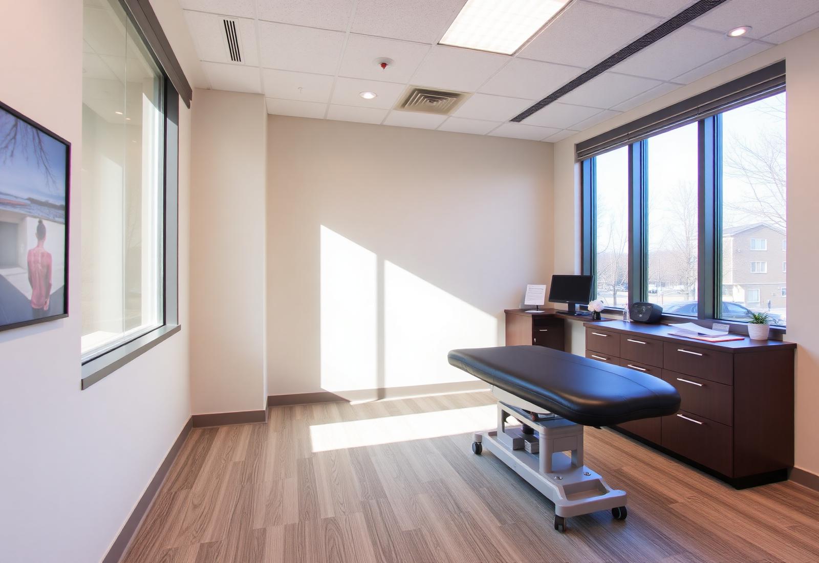 Modern, calm chiropractic treatment room with natural light